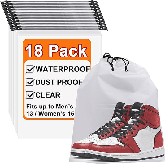 18 Pack Clear Shoe Bags for Travel, 15.7"×11.8" PEVA Drawstring, Waterproof, Fits up to Men’s 12–13, Reusable Storage for Shoes, Clothes & Toiletries, Keep Luggage Tidy & Odor-Free
