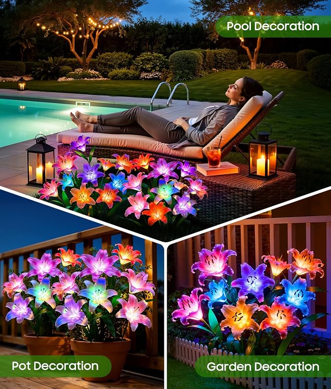 LETMY Solar Garden Lights, 6 Pack Solar Flower Lights with 6 Head Bigger Lily Lights, IP65 Waterproof Solar Lights Outdoor, Decorative Lights for Garden, Patio, Yard, Flower Bed