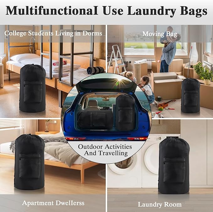 OTraki Laundry Bag Backpack, Large Travel Laundry Bags with Adjustable Shoulder Straps, Portable Heavy Duty Dirty Clothes Laundry Backpack for College Dorm,Drying Do Not Exceed 176℉ Black