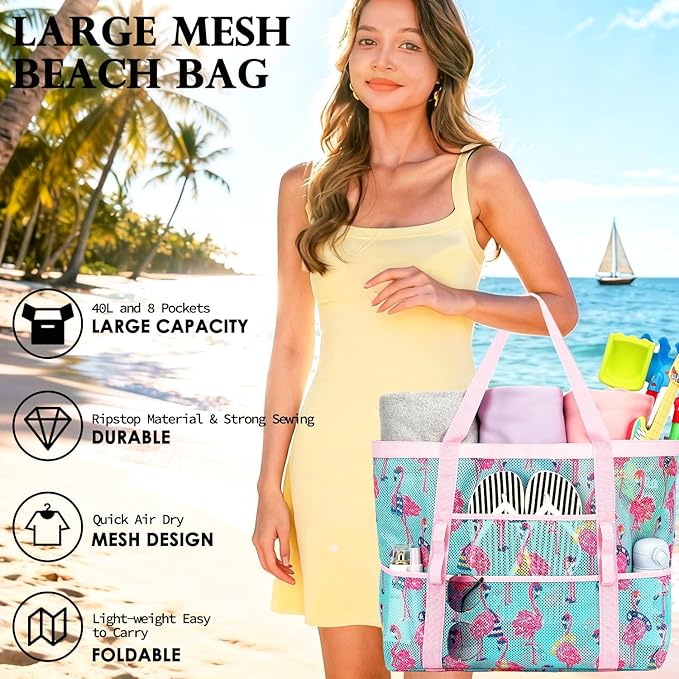 Fammart Mesh Beach Bag, Large Beach Tote with Zipper Pocket, Toys Pool Bag for Family Travel Vacation Cruise Essentials