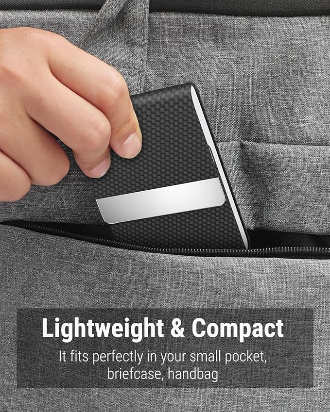 MaxGear Business Card Holder, Slim PU Leather & Stainless Steel Business Card Case for Men & Women, RFID Blocking Name Card Holder with Magnetic Closure, Black Carbon Texture