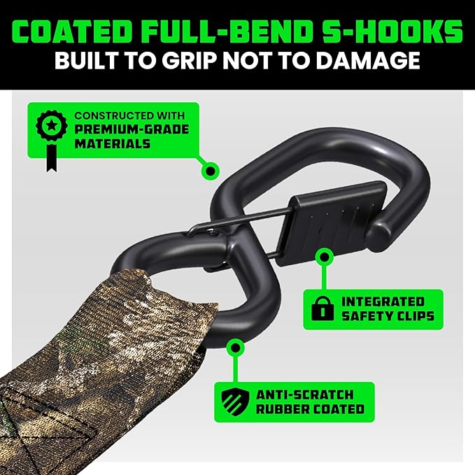 Rhino USA x Realtree Ratchet Straps Tie Downs (4PK) - 1" x15' (1,823lb Break Strength) - Ultimate Tie Down Straps with Safety S Hooks - for Trucks, Cargo, Moving, Appliances- Realtree APX Camo