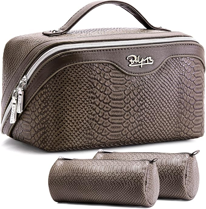BOYATU Travel Makeup Bags for Women: 3 Pcs Set Wide Open Cosmetic Bag - Portable Make up Bags with Handle - Vegan Leather Toiletry Organizer Bag with Divider (G-03-Coffee)