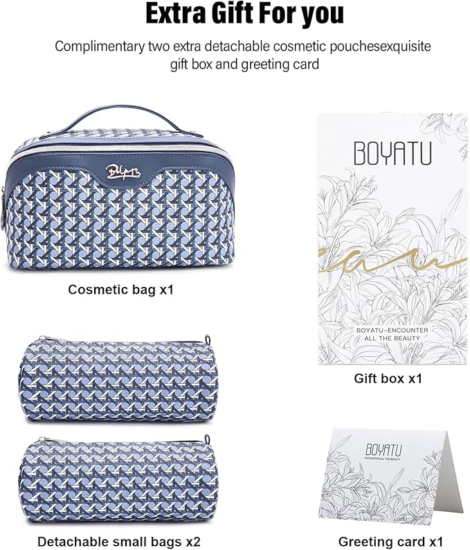 BOYATU Travel Makeup Bag Cosmetic Bags for Women: Large Capacity 3 Pcs Set Make up Bag with Compartments - Waterproof Vegan Leather Toiletry Organizer Bags with Handle (M-77Blue)
