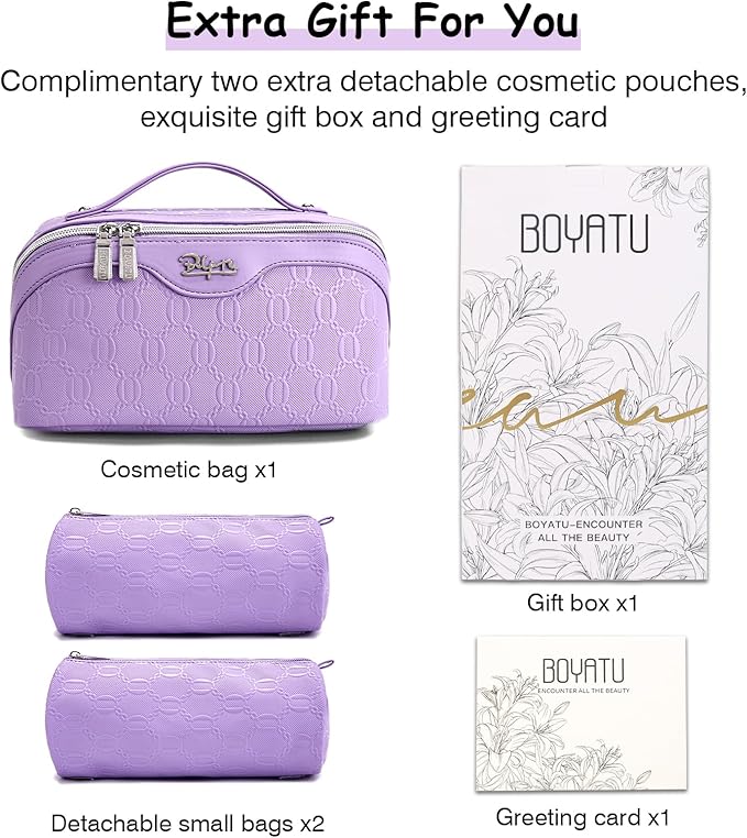 BOYATU Travel Makeup Bag for Women: Cosmetic Organizer Bag with Compartments - Leather Make up Bags Set of 3 (G-1-Purple)