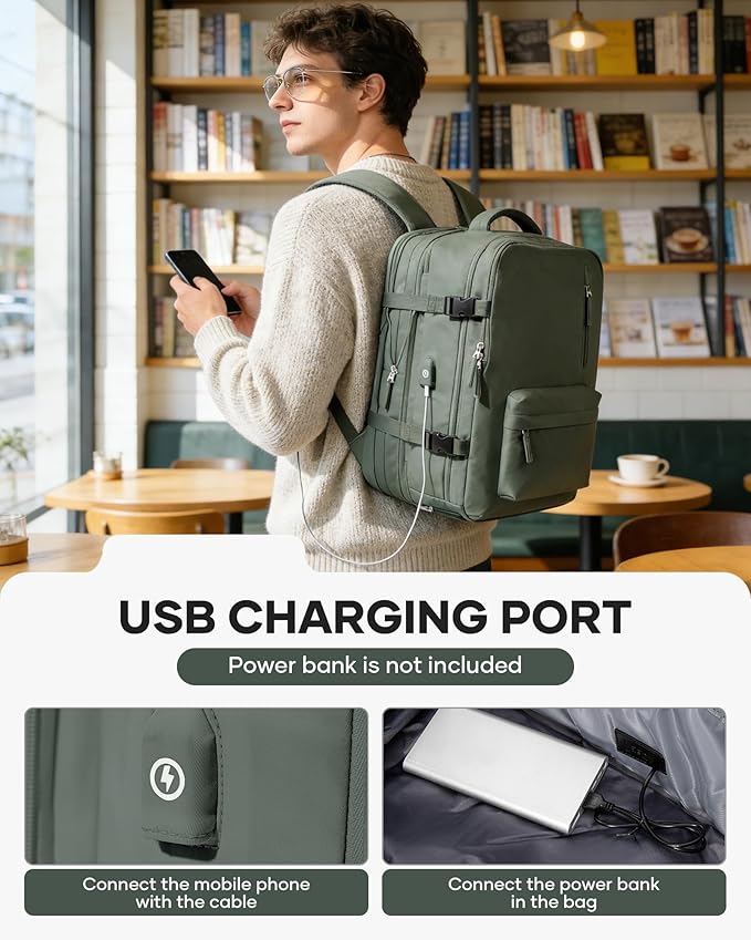VECAVE Vacuum Backpack Travel with Pump, Expandable Personal Item Carry on Backpacks for Women Men, Laptop Waterproof Work Compression bags with USB Casual Daypack Green