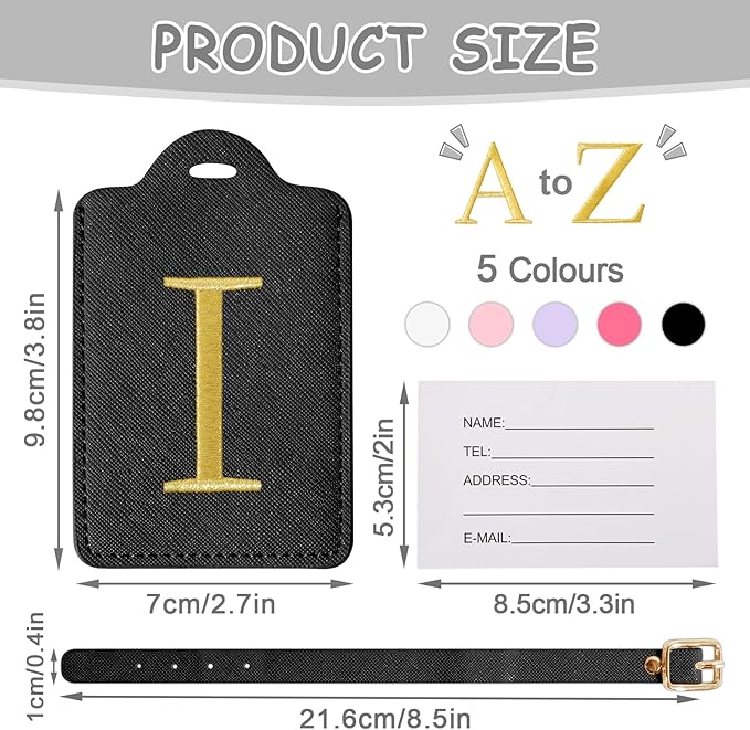 Initial Letter Luggage Tags for Suitcases, Embroidered Monogrammed Suitcase Luggage Identifier Name Tag, PU Leather TSA Approved Luggage Tags, Bag Tags for Men Women Kids Luggage Handbags(Black I)