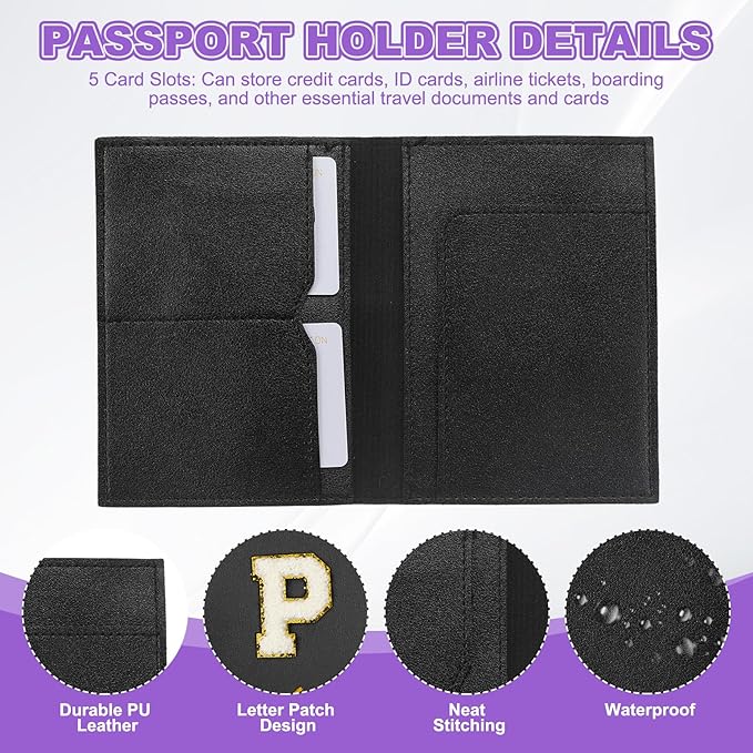 PATIKIL Passport Holder for Travel, Initial Passport Cover and Luggage Tag Set with Alphabet Chenille Letter Patch Travel Wallet Bag Suitcase Identifier for Women Family Travel Black P