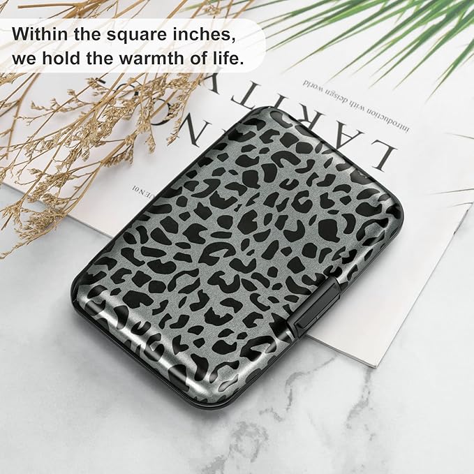 ELFISH Mini RFID Aluminum Wallet Credit Cards Holder Business Card Case Metal ID Case for Men Women(Black Leopard Print)