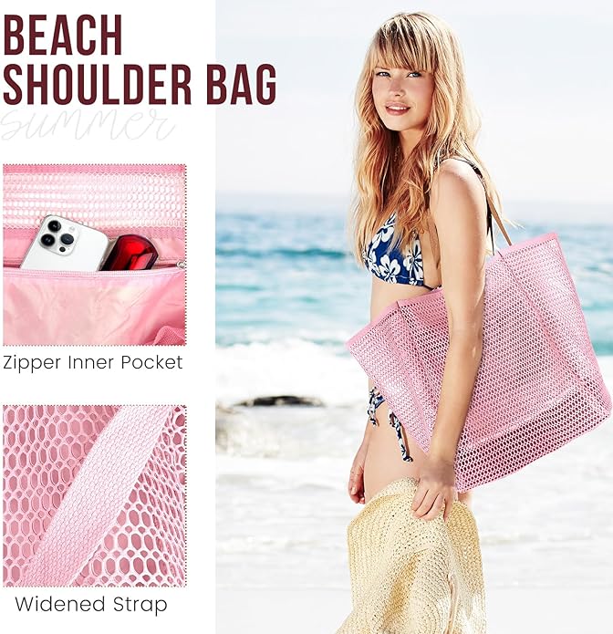 Beach Bags for Women, Summer Travel Mesh Tote Bag with Large Inner Pocket, Sandproof Woven Shoulder Handbag