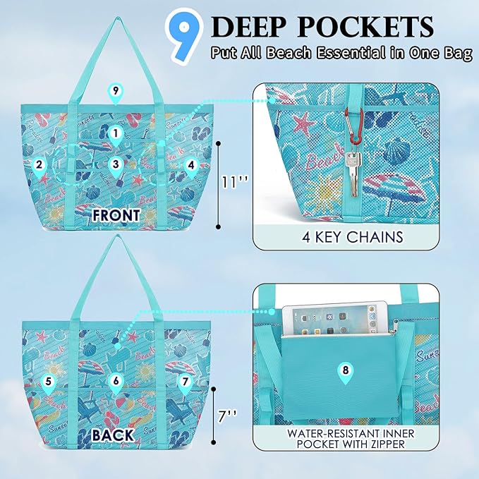 Fammart Mesh Beach Bag, Large Beach Tote with Zipper Pocket, Toys Pool Bag for Family Travel Vacation Cruise Essentials