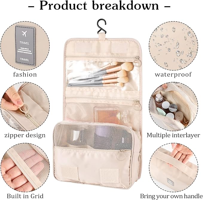Pengxiaomei Toiletry Bag for Women, Waterproof Hanging Cosmetic Bag Portable Travel Makeup Pouch Multifunction Handle Bathroom Bag for Mothers Day Gifts (Beige)