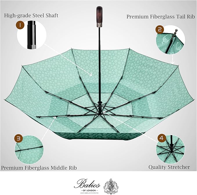 Balios Travel Folding Umbrella with Real Wood Handle Auto Open Close Vented Windproof Canopy - Designed in UK