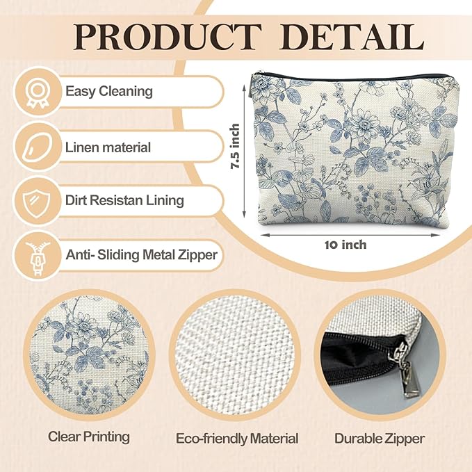 Vintage Blue Floral Makeup Bag, Chinoiserie Blue and White Floral Cosmetic Bags for Women, Retro Flower Botanical Zipper Makeup Pouch