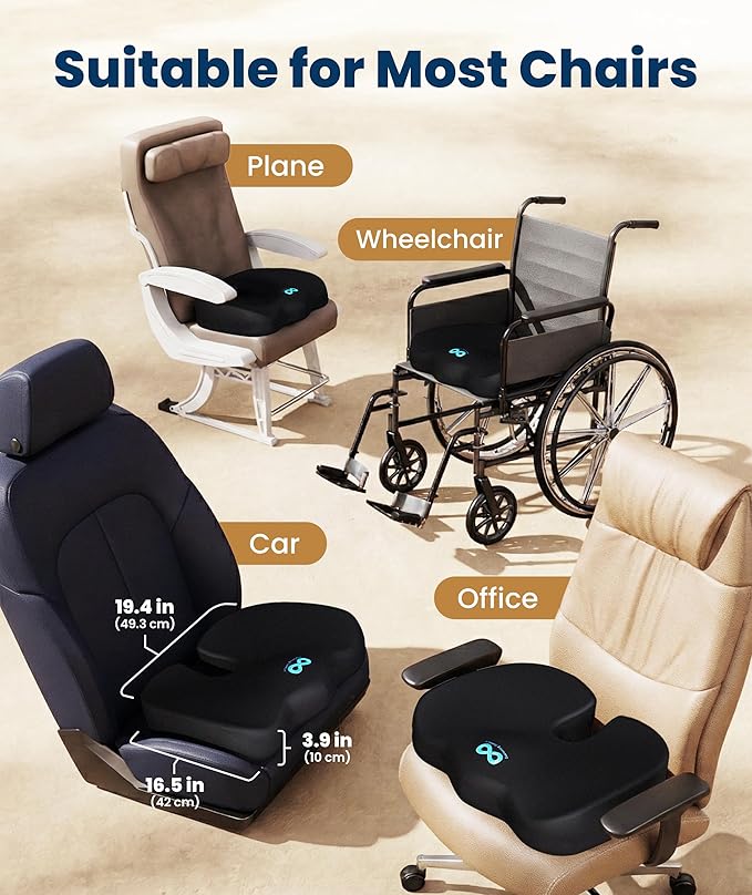 Everlasting Comfort Doctor Recommended Memory Foam Seat Cushion for Office Chairs & Car - Ergonomic Office Desk Accessories - Cushions for Tailbone Pain Relief, Sciatica (Black, XX-Large)