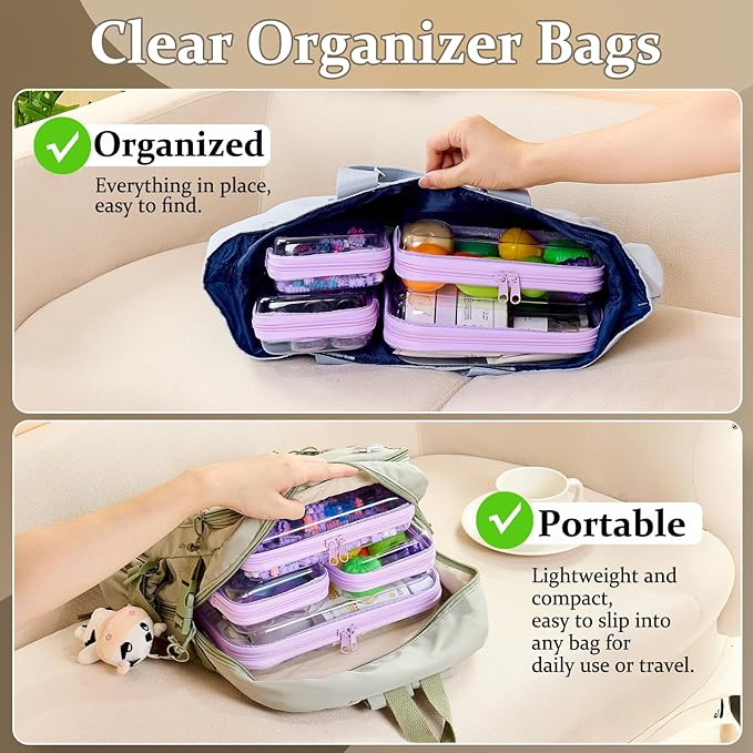 4 pcs Clear Zipper Pouches,Hard Shell Zipper Case, Toiletry Bag for Travel, CLear Diaper Bag, Toiletry Pouch, Travel Organizer, Cosmetic Bag,Toy Storage Bins (M+3S) (Lavender)