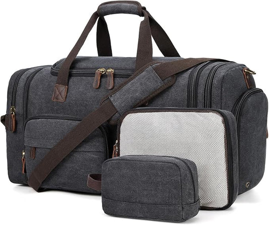 Mens Duffle Bag for Travel 60L Expandable Canvas Weekender Overnight Travel Duffel Bag with Shoe Compartment Carry-On for Airplanes Dark Gray