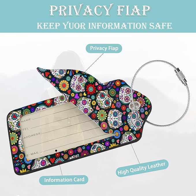 Sugar Skull Cat 2 Pack Luggage Tag for Suitcases Day of the Dead PU Leather Bag Travel Suitcase ID Identifier Baggage Tags for Women Men Travel