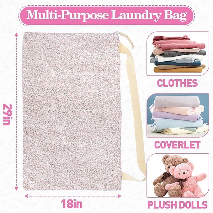 Laundry Bag, Dirty Backpack Laundry Bag For College Travel Laundromat Apartment, With Handles 29" X 18" (Pink Florals)
