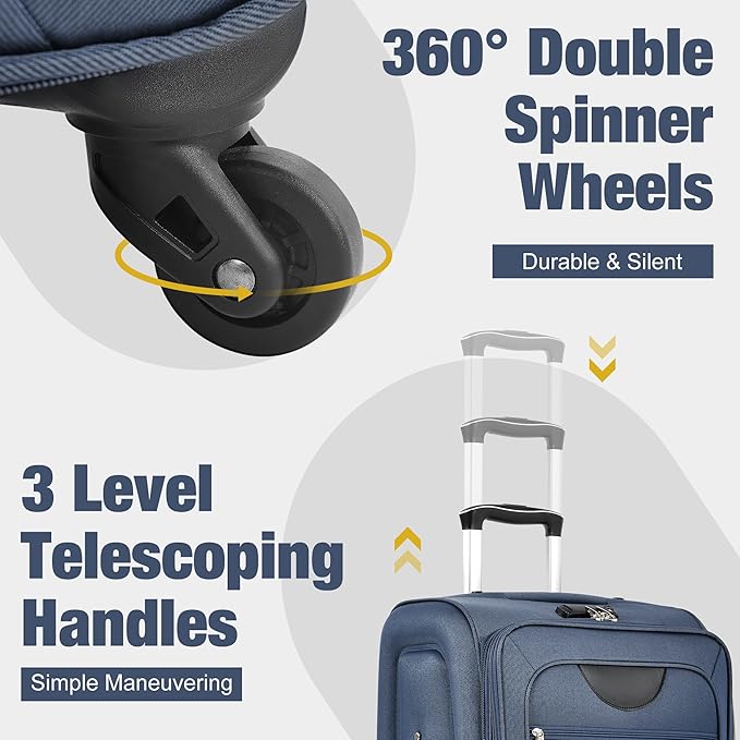 Softside Luggage 3-Piece Set with Duffel Bag, Lightweight Suitcases with Spinner Wheels, TSA Lock & Expandable for Travel, Business Trips, Durable Softshell Travel Luggage Set (Dark Blue)