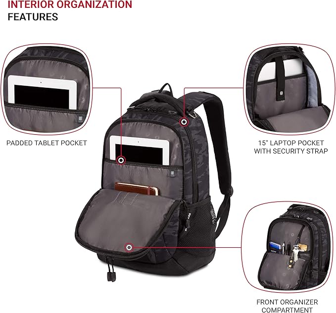 SWISSGEAR Cecil 18-Inch Laptop Backpack Fits 16-Inch Laptop, Travel Daypack with Organizer Pockets, Water Bottle Holders & Padded Straps – Black Cod/Camo