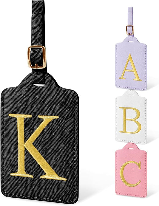 Personalized Initial Luggage Tags for Suitcases, Cute PU Leather Embroidered Letter Travel Luggage Tags, Suitcase Identifier Name Baggage Tag, Bag Tags for Men Women Kids Luggage Handbags(Black K)