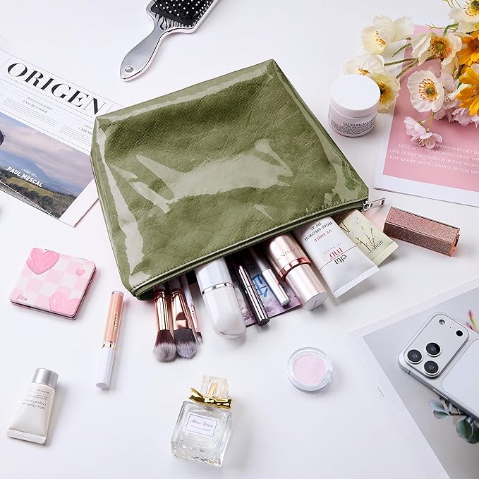 WLLWOO PVC Waterproof Makeup Bag Kraft Paper Cosmetic Bag Travel Toiletry Zipper Pouch Organizer for Women Purse