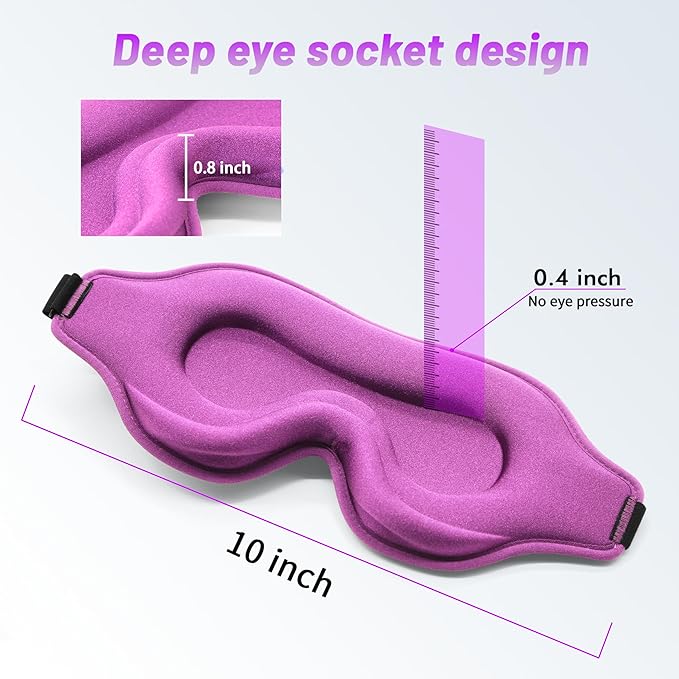 Sleep Eye Mask for Men Women, Sleeping Mask for Side Sleeper, Travel Blackout Night Blindfold Eye Shade Cover with Adjustable Strap (Purple-3D)