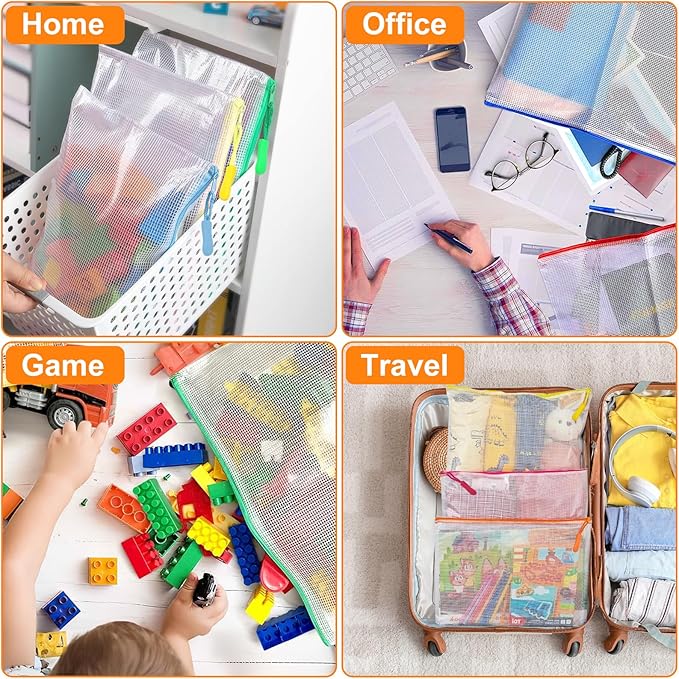 24 Pack 8 Color A4 Mesh zipper pouch bags, Storage Bags, File Bags for Classroom Organization, Zipper Pouches of office supplies, Puzzles, Board Game Storage