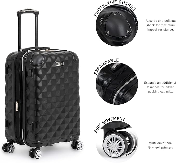Kenneth Cole REACTION Diamond Tower Collection Lightweight Hardside Expandable 8-Wheel Spinner Travel Luggage, Black, 2-Piece Bundle (Carry On + Backpack)