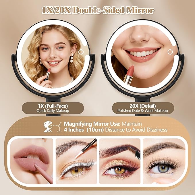 MOMOKUBA Makeup Mirror with Lights, Double Sided 1x/20x Magnifying Mirror with Light, Rechargeable 3 Color Lights and Adjustable Brightness, 360° Rotation Detachable Comes with Tweezer(Black)