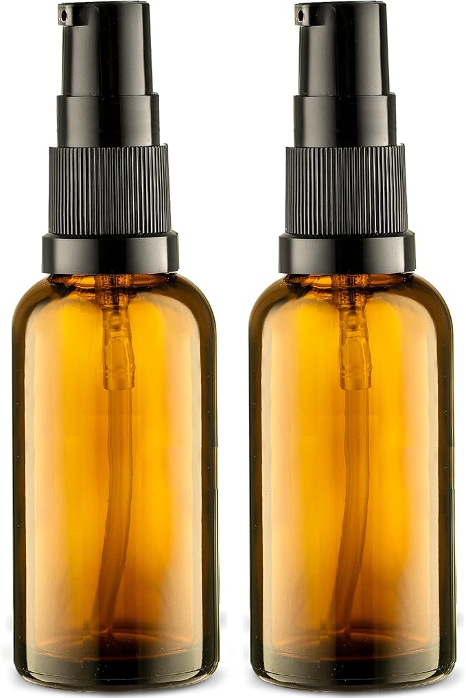 Empty Refillable Glass Amber Pump Bottle Ideal for Lotion Cream Essential Oil Travel Small Container - 2 Pack (50ml)