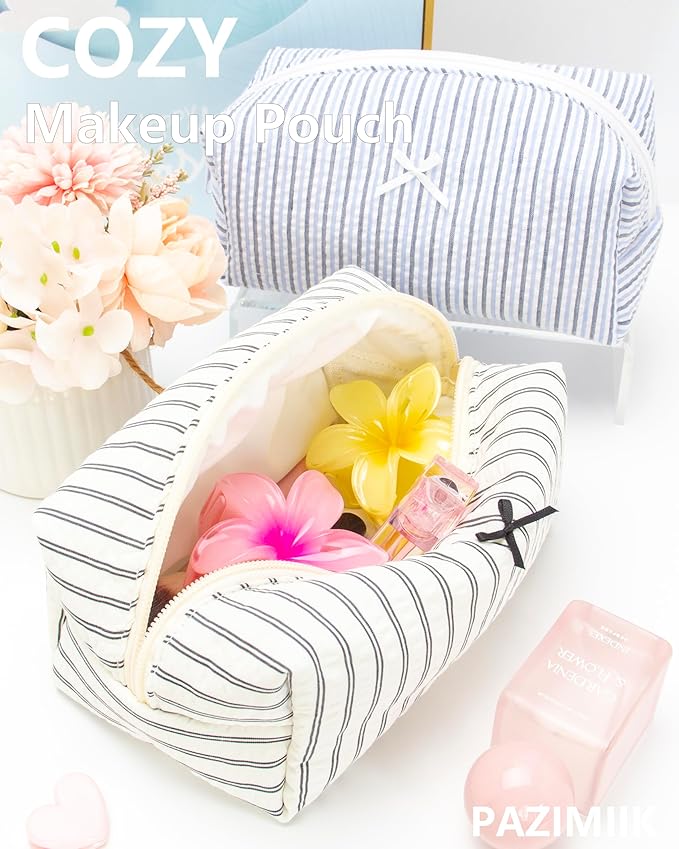 PAZIMIIK 2PCS Cozy Makeup Bag Small Aesthetic Travel Zipper Cosmetic Pouch for Women Make Up Beauty Accessories Brushes, Stripe Black
