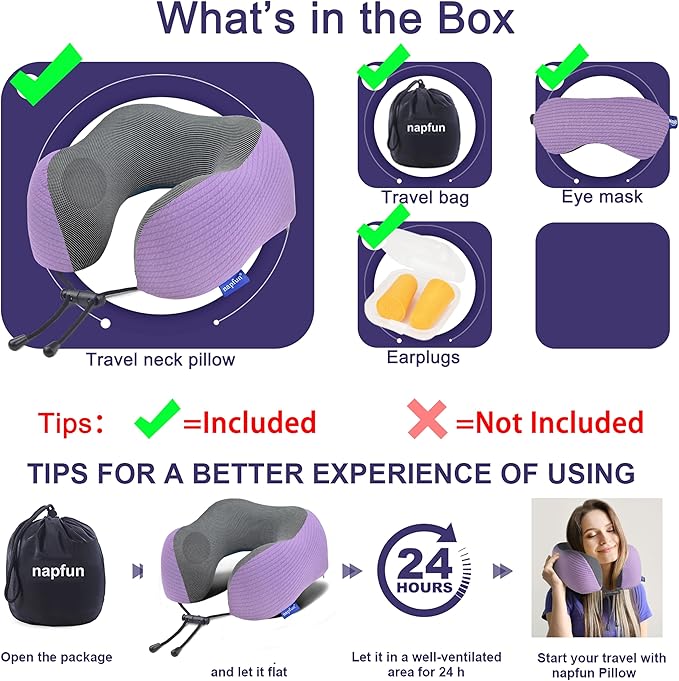 napfun Neck Pillow for Travel with Travel Pouch, Sleep Mask & Earplugs, Memory Foam Airplane Pillow for Headrest Sleep with Eyeshades, Plane Essentials with Eye Blindfold, Light Purple Striped Kit