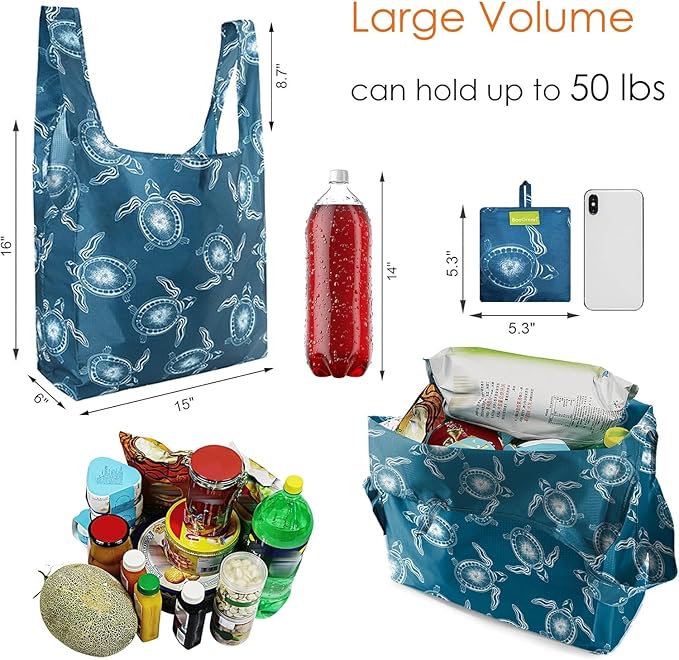 BeeGreen Animals Reusable Grocery Bags Turtle Peguins Flamingo Octopus Reusable Kitchen Bags Bulk Foldable-Machine Washable with Zipper Storage Pouch 6 Packs