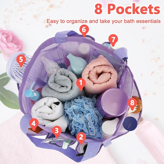 Fammart Mesh Shower Caddy Portable for College Dorm Room Essentials, 8-Pocket Large Shower Basket Tote Bag with 2 Handles for Toiletry, Bathroom, Beach, Camp, Gym