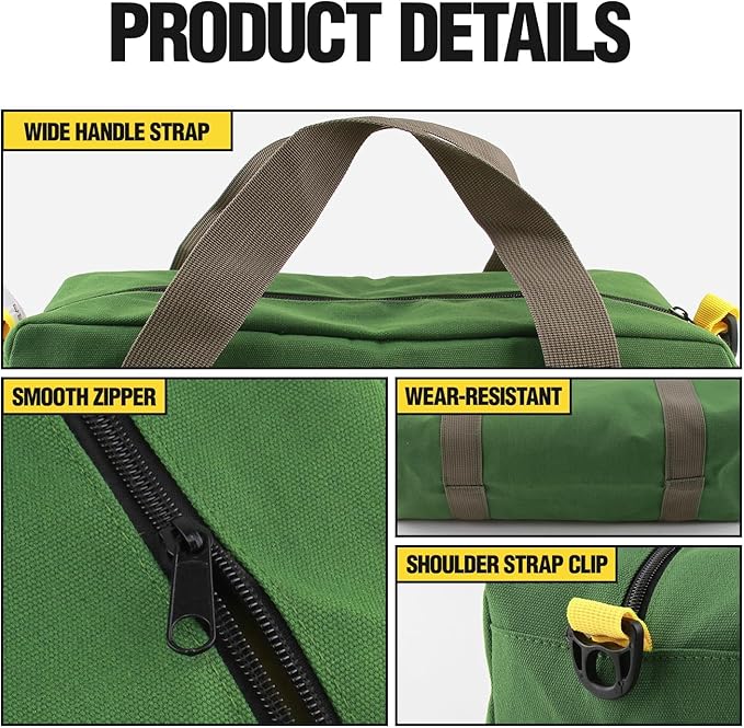 Small Tool Bag, Canvas Tool Storage Bag, Large Capacity Multipurpose Zipper Soft Tote Organizer Pouch for Electrician, Plumbing, Gardening,Tools Bags for Men (Green, 18 Inch)