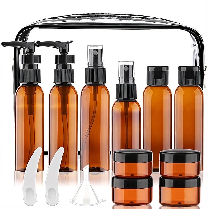 Cosywell Travel Size Bottles for Toiletries 15 2oz Pack TSA Approved Toiletry Bottles Leak Proof Travel Kit for Women Men TSA Clear Toiletry Bag Shampoo Lotion Skincare Cosmetic Container（Brown）