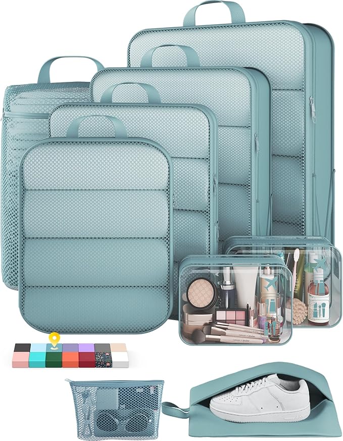 Veken 9/11 Set Compression Packing Cubes for Travel Essentials,Compressible Expandable Large Luggage Suitcase Organizer Bags for Clothing,Durable Space Saver Storage Bags with Toiletry Bags(Blue Gray)