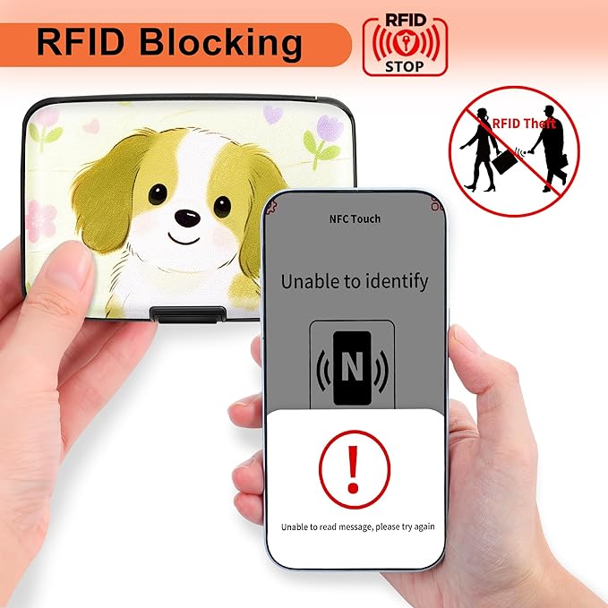 Mayski Credit Card Holder, RFID Blocking, Aluminum Alloy Hard Case, Small Mini Business Metal Wallet for Women Men, Dog