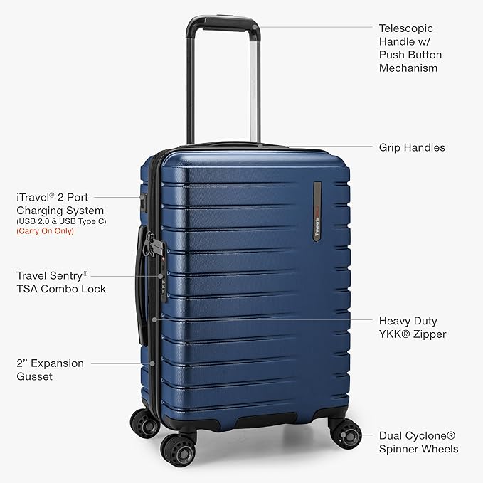 Traveler's Choice Archer Polycarbonate Hardside Spinner Luggage Set, Blue, Carry-On 21-Inch, Tie Down Straps