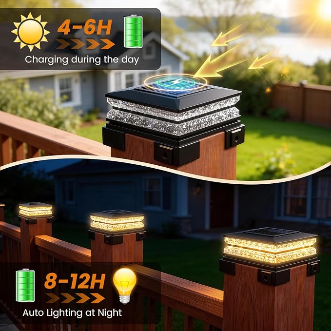 APONUO Solar Post Cap Lights Outdoor, 3 CCT & 2 Brightness Deck Post Lights Solar Powered for 4x4 5x5 6x6 Vinyl Wooden Posts, Waterproof Dusk to Dawn Fence Deck Lights for Patio Garden, Black, 8-Pack