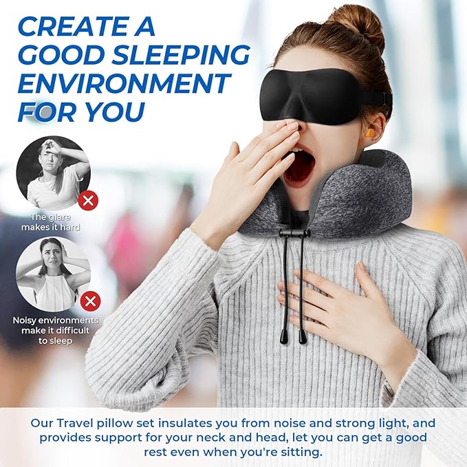 Travel Pillow, 2 Pack Travel Pillows for Sleeping Airplane, Neck Pillow Airplane, Memory Foam Neck Pillow Set with Eye Mask, Earplugs and Storage Bag -Grey & Blue