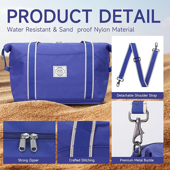 WALNEW Travel Duffel Bag, Weekender Overnight Carry On Bag for Women Men, Foldable Waterproof Gym Luggage Duffle Bag with Metal Buckle Detachable Shoulder Strap and Wet Compartment (Klein Blue)