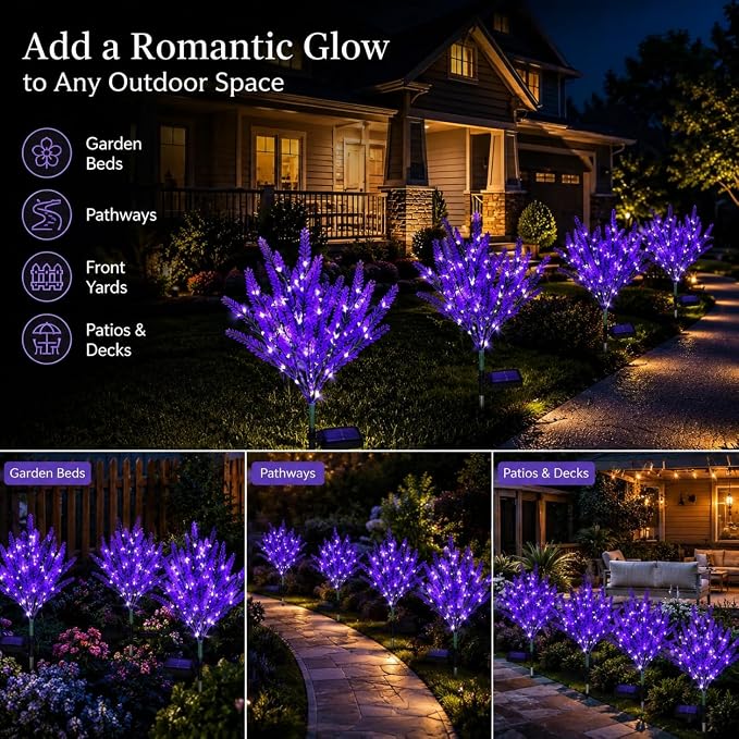 Geegoods Lavender Solar Garden Lights, 2 Pack Outdoor LED Flowers | 2 purple lavender solar flowers with LEDs; auto on/off, IP65 waterproof stakes for pathway, yard, patio and Halloween decor