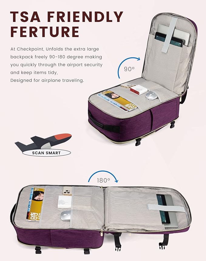 LOVEVOOK Travel Backpack for Women & Men 50L,Airline Approved Carry On Backpack Travel Essential,TSA Carry on Luggage,Waterproof Personal Item Travel Bag,Suitcase with 3 Packing Cube,Dark purple-Black