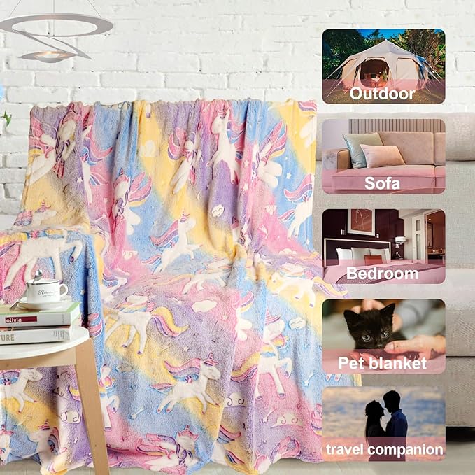 Unicorn Glow in The Dark Blanket for Girls/Kids, Soft Fleece Throw 30"x40" - Age 3-12