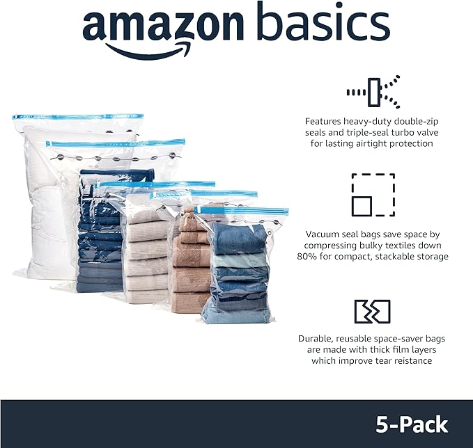 Amazon Basics Vacuum Storage Bags for Clothes, Compression Zipper with Hand Pump, Medium, White, Sky Blue, 5-Pack