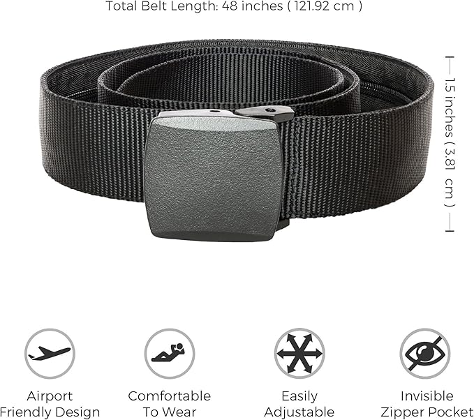 Travel Security Belt - Hidden Money Belt Pouch - Anti-Theft Concealable Design with Zipper Pocket for Cash, Card, Accessories - Adjustable Fit for Men and Women