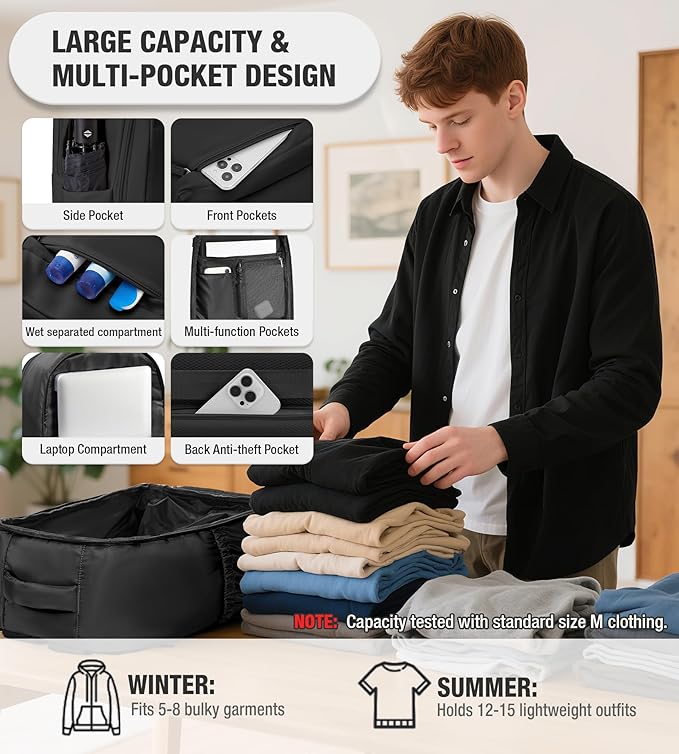 VECAVE Vacuum Travel Backpack with Pump for Women, Personal Item Carry on Backpacks Flight Approved for Men,Laptop Waterproof Work Compression bags Casual Daypack Black..